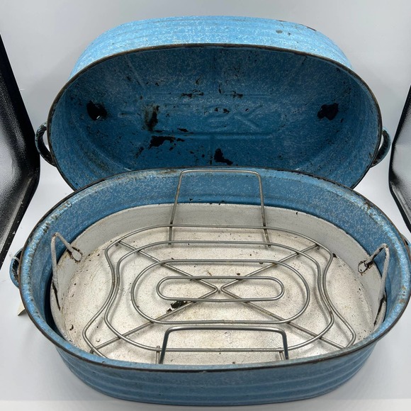 Antique Turquoise Cornflower Blue Large Roaster Rack Enamelware On Steel 4 Piece - Picture 1 of 15